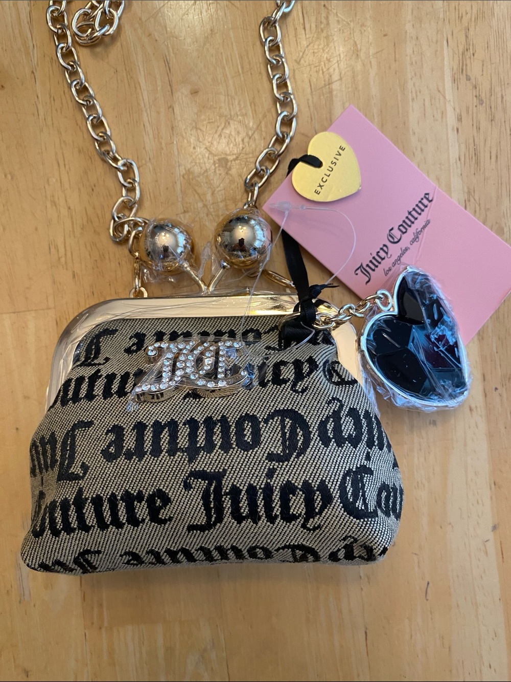 Juicy Couture Tan & Black Logo Mini Chain Kiss-Lock Bag